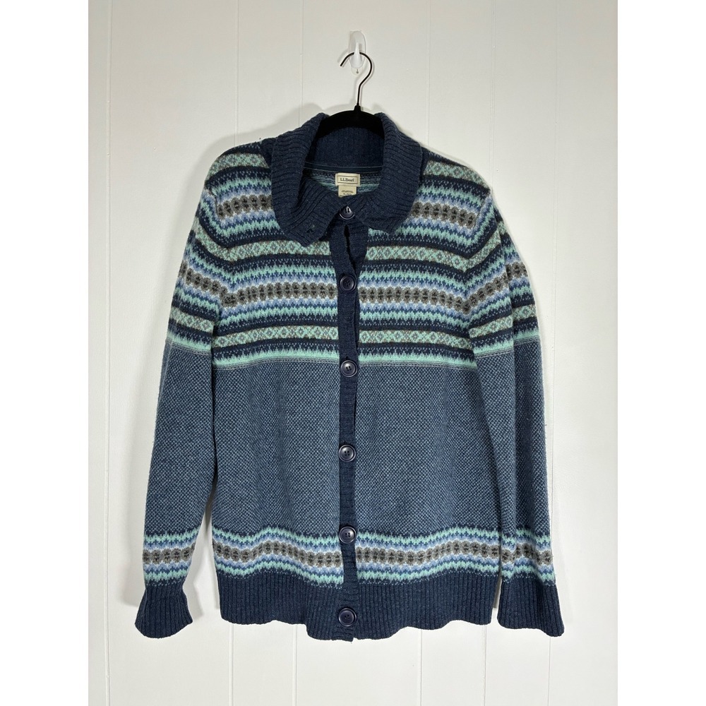 LLBean Women XL Fair‎ Isle Knit Button Front Cardigan Sweater 100% Lambswool